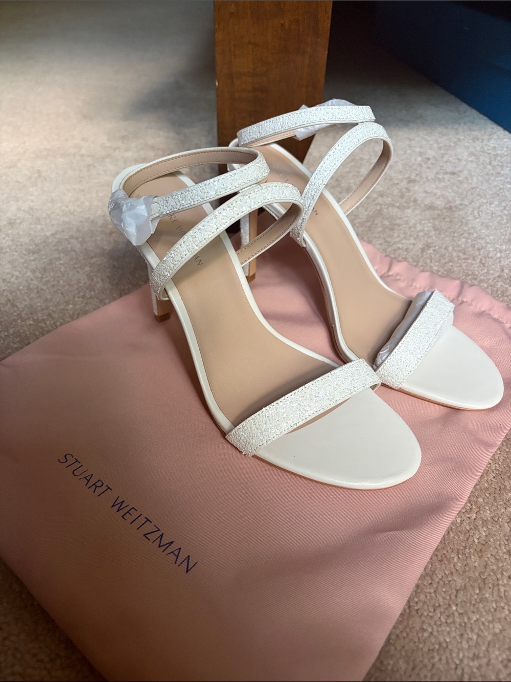 Stuart Weitzman White Glitter Strappy Sandals Heels